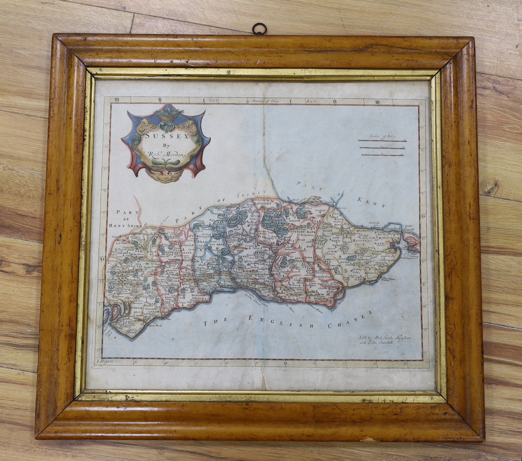 Robert Morden (1650-1703), hand coloured map of Sussex, sold by Abel Swale, Awnshan & John Churchill, 39 x 42.5cm, maple framed